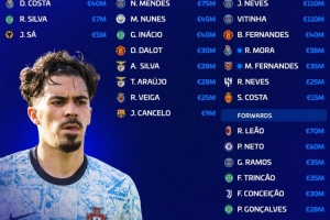 葡萄牙队总身价9.95亿欧，内维斯、维蒂尼亚1.1亿欧队内最高